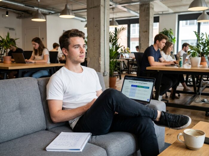 Jeune homme comparant des formations en animation 3D et VFX sur son ordinateur portable dans un espace de coworking