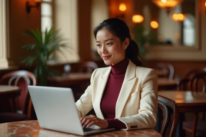 Jeune professionnelle en blazer crème rédigeant un email élégant sur son ordinateur portable dans un café parisien chic