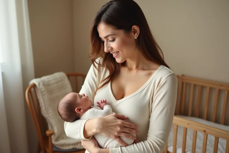 Mère tenant son bébé de 3 mois dans ses bras dans une chambre de bébé cosy, moment de tendresse et de soin quotidien