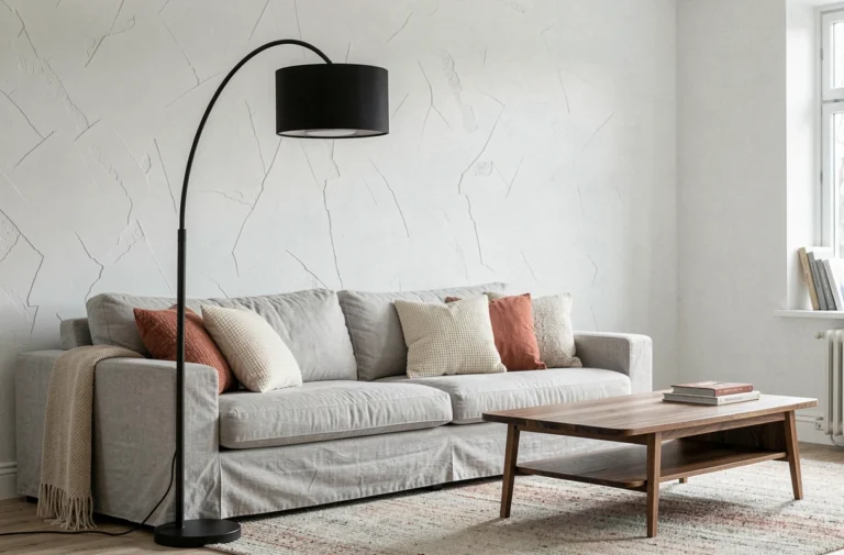 Lampadaire noir arc minimaliste dans un salon scandinave moderne avec canapé gris et tapis en laine