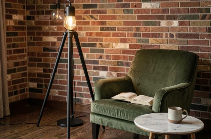 Lampadaire noir trépied style industriel dans un coin lecture cosy avec fauteuil velours vert et brique apparente