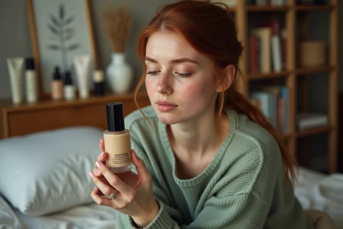 Femme rousse lisant l'étiquette d'un fond de teint couvrant dans une chambre à coucher chaleureuse et décorée avec soin