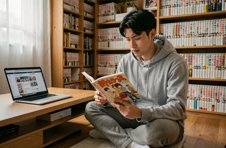 Jeune homme lisant un manga japonais dans une chambre entourée de nombreux volumes de manga et d'un ordinateur ouvert sur un site de scan