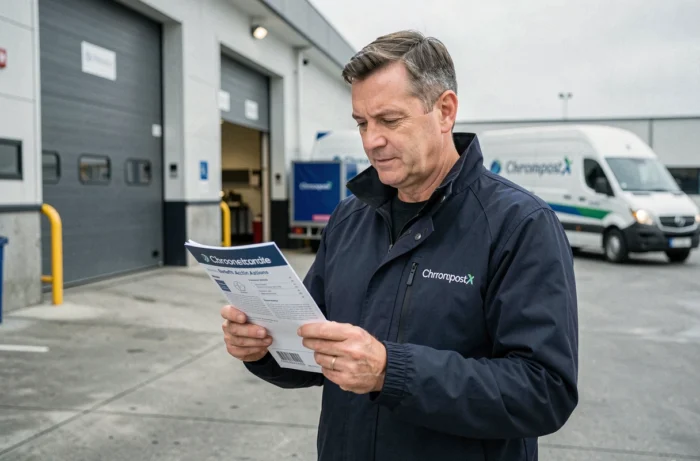 Livreur Chronopost consultant un guide d'activation des avantages CSE devant un entrepôt logistique