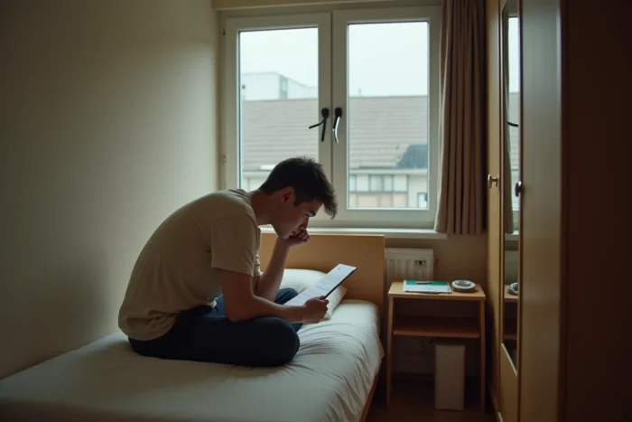 Jeune locataire assis dans une chambre meublée de moins de 9m² lisant un contrat de bail, illustrant les droits des locataires face aux nouvelles règles sur les petits logements prévues en 2026