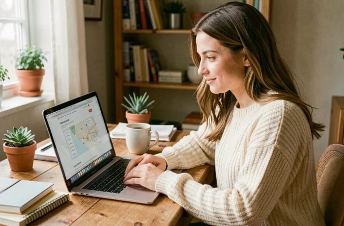 Jeune maman naviguant facilement sur le plan du site Je Suis Maman depuis son bureau à domicile