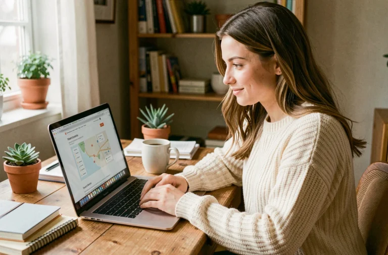 Jeune maman naviguant facilement sur le plan du site Je Suis Maman depuis son bureau à domicile