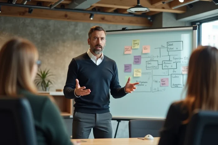 Manager B2B en reconversion présentant une stratégie commerciale dans un espace de coworking moderne