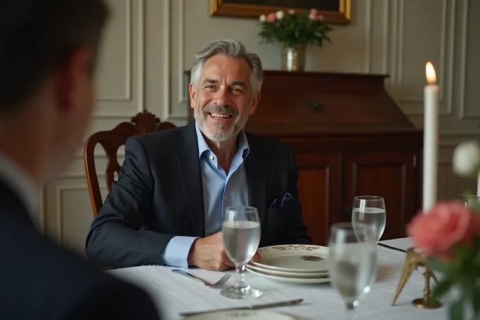 Personnalité médiatique française en moment de complicité familiale autour d'un repas dans une salle à manger élégante
