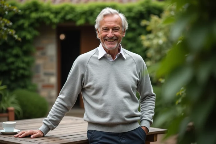 Animateur télévision français posant dans le jardin de sa maison familiale dans une ambiance détendue et authentique