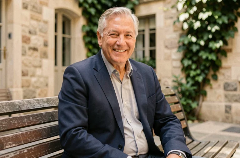 Portrait de Marc Toesca dans une cour parisienne, sourire chaleureux et tenue décontractée chic