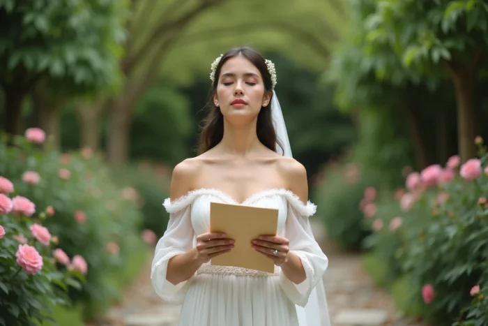 Mariée émue tenant une lettre de mariage contre son cœur dans un jardin fleuri