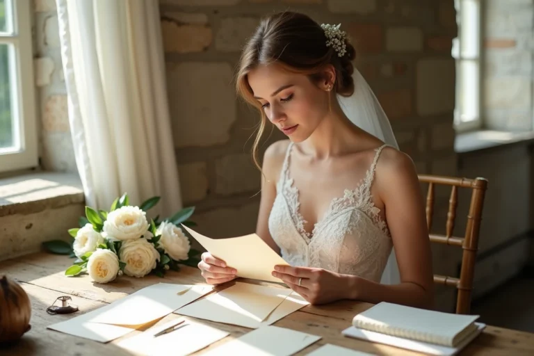 Mariée émue lisant une lettre manuscrite dans une suite nuptiale au décor rustique et romantique