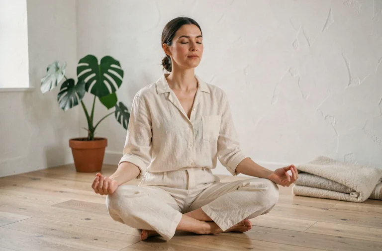 Femme en tenue décontractée pratiquant la méditation dans un salon minimaliste scandinave pour retrouver l'équilibre et la sérénité au quotidien