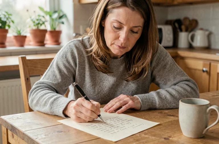 Mère dans la quarantaine écrivant une lettre touchante à son fils à une table en bois dans une cuisine chaleureuse