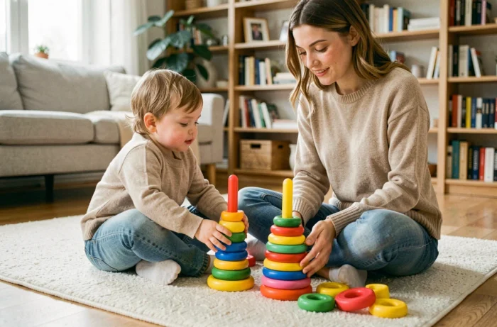 Mère et tout-petit jouant ensemble avec des anneaux colorés sur un parquet en bois dans un salon scandinave