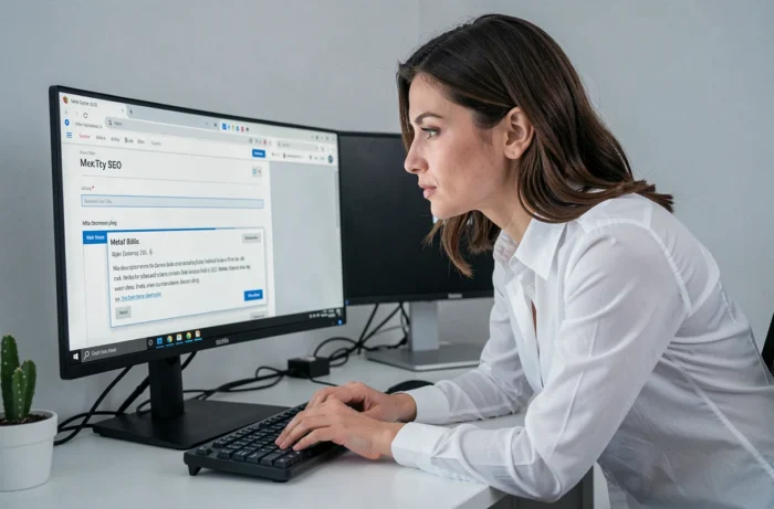 Une femme rédige et optimise une méta-description et un titre de page dans un outil SEO sur son ordinateur de bureau