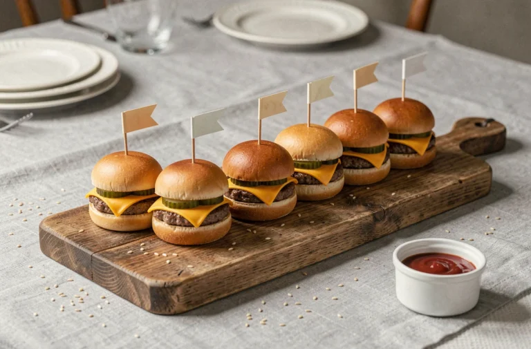 Mini hamburgers apéritif alignés sur une planche en bois rustique avec sauce ketchup, vue en plongée légère