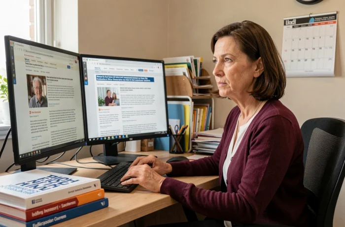 Une femme compare un ancien article de blog avec sa version mise à jour sur deux écrans pour améliorer le contenu existant
