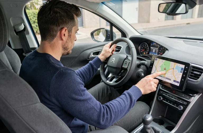 Homme mettant à jour le GPS de sa Citroën C4 via l'écran tactile central du tableau de bord