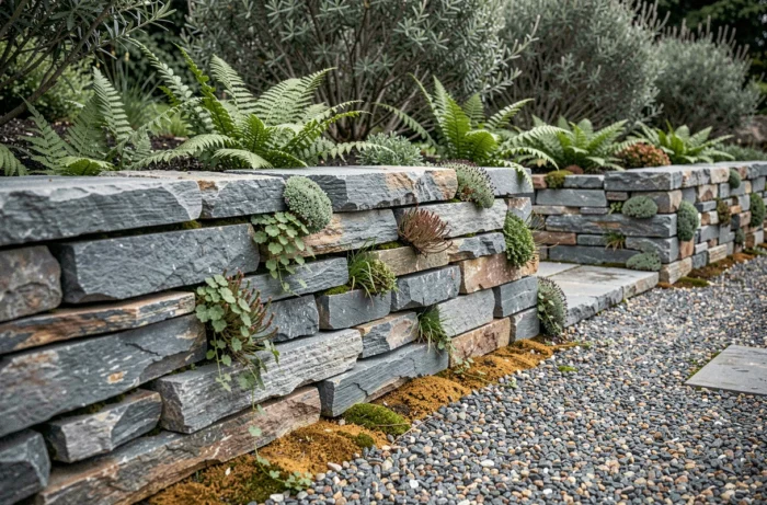 Muret en pierre sèche avec plantes incrustées dans les joints servant d'élément de relief dans un jardin naturel