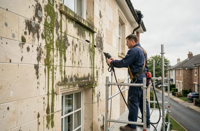 Technicien professionnel effectuant un nettoyage haute pression sur la façade en pierre d'une maison individuelle avec échafaudage