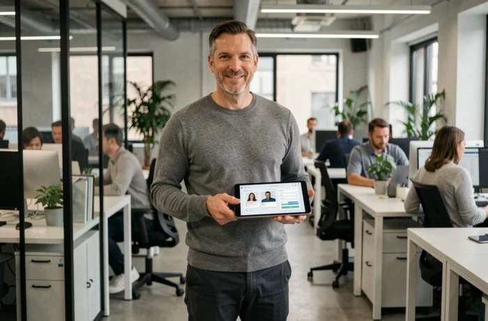 Homme consultant un outil de gestion de marque personnelle sur tablette dans un espace de coworking