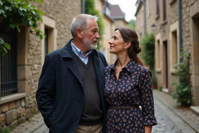 Couple de parents devant une rue pavée d'un village français traditionnel, évoquant les racines familiales et le patrimoine régional