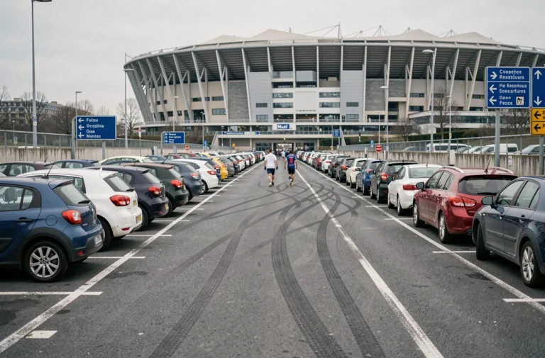 Parking bondé aux abords du Stade de France un jour de match avec voitures garées en rangs et piétons en maillots de sport