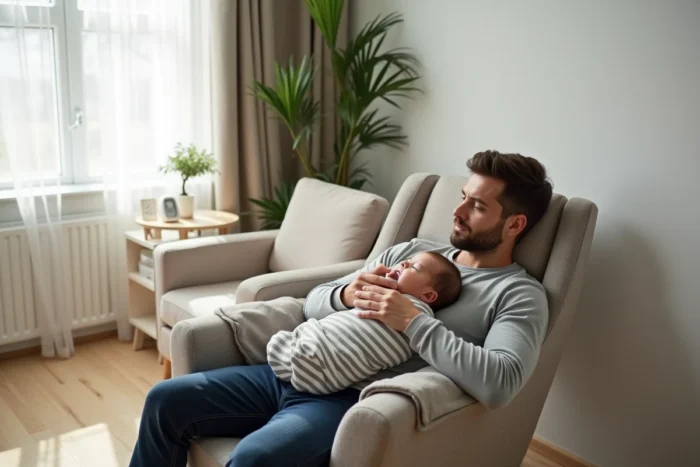Père donnant le biberon à son bébé de 3 mois dans un fauteuil à bascule, moment de soin et de lien affectif en journée