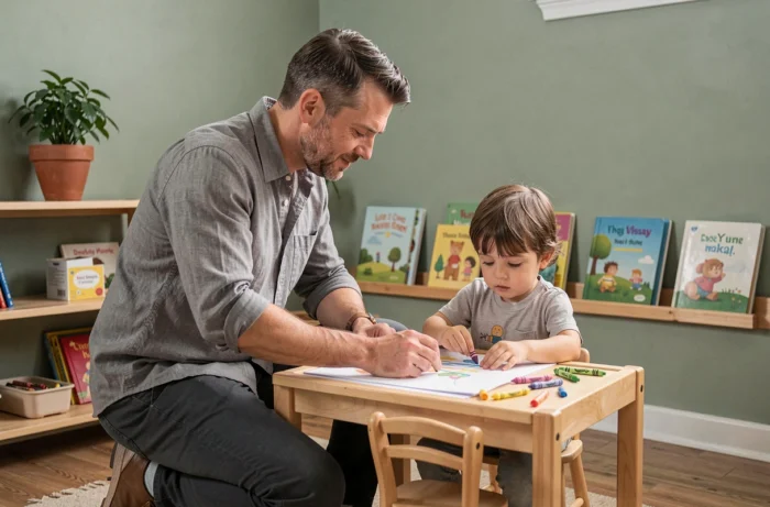 Père accompagnant son enfant dans une activité créative avec des crayons et puzzles dans un coin enfant à la maison