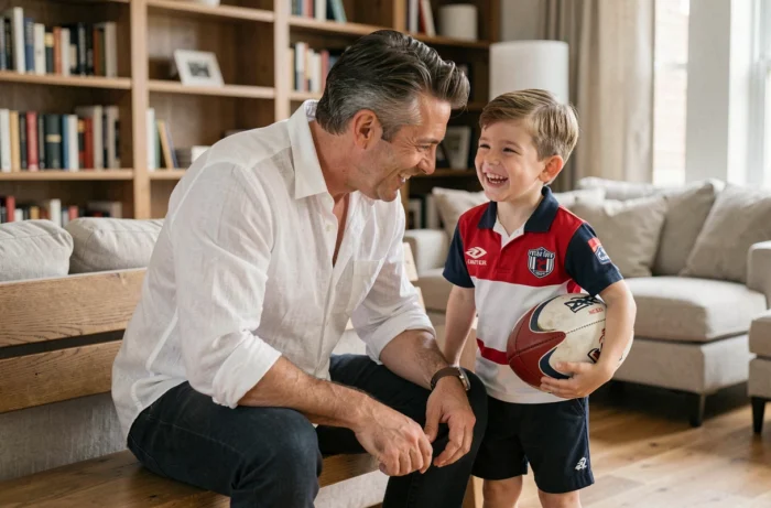 Père coach de rugby jouant avec son fils tenant un ballon de rugby dans un salon moderne, moment familial authentique