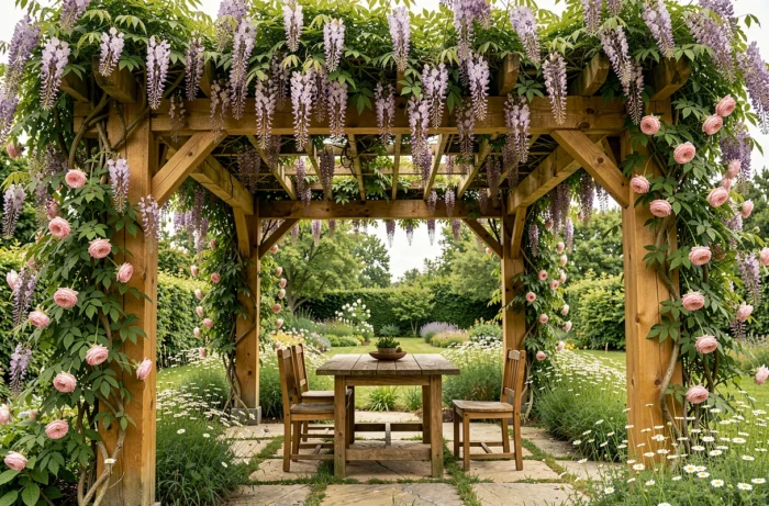 Pergola en bois végétalisée avec glycine et vigne vierge créant un coin d'ombre avec table et chaises en dessous