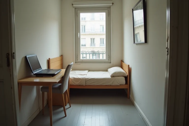 Petite chambre de moins de 9m² dans un appartement parisien avec lit simple, bureau en bois et fenêtre étroite, illustrant les logements concernés par les nouvelles obligations légales de 2026
