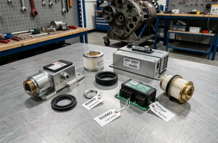Pièces détachées authentiques pour groupe électrogène SDMO disposées sur un établi d'atelier professionnel