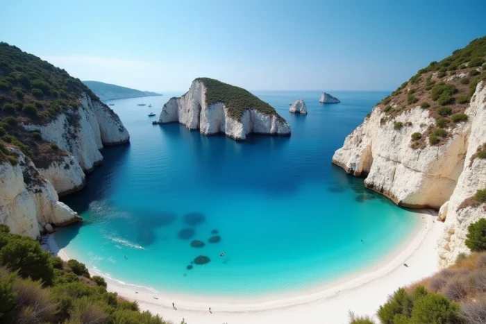 Vue panoramique sauvage de la plage des 3 pointes à Bonifacio avec falaises calcaires blanches et eau turquoise en Corse