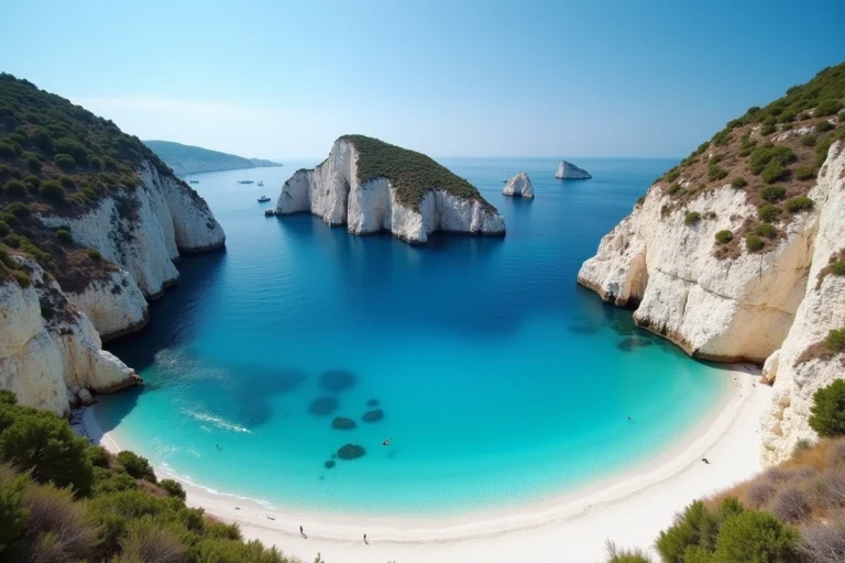 Vue panoramique sauvage de la plage des 3 pointes à Bonifacio avec falaises calcaires blanches et eau turquoise en Corse