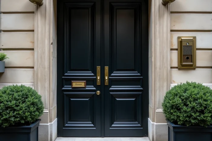 Porte d'immeuble haussmannien fermée à Paris, symbole de confidentialité et de protection de la vie privée et familiale