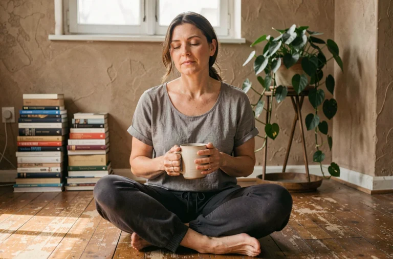 Femme détendue assise sur un plancher en bois tenant une tasse de café, illustrant une positivité authentique et un bien-être quotidien sans artifice