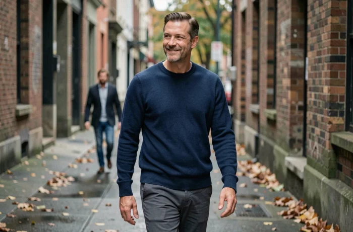 Homme d'âge mûr souriant pensif dans une rue urbaine en automne, symbolisant une approche honnête et pragmatique du bien-être et de la positivité