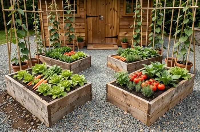 Potager en carrés surélevés sur sol ingrat avec bois vieilli rempli de compost et de légumes variés