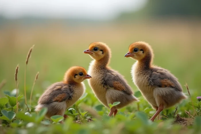 Trois poussins de faisan à différents stades de développement regroupés dans une prairie naturelle avec haies en arrière-plan