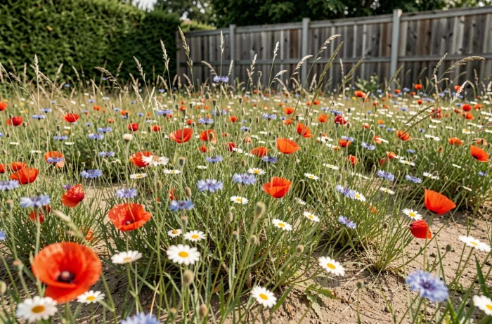 Prairie fleurie semée en direct sur sol pauvre avec coquelicots, bleuets et marguerites sauvages