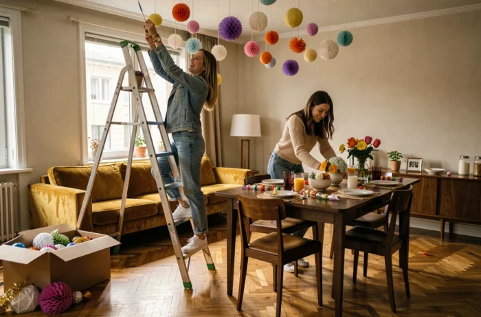 Deux femmes décorant joyeusement un salon pour organiser une fête originale, accrochant des pompons et préparant les éléments de décoration