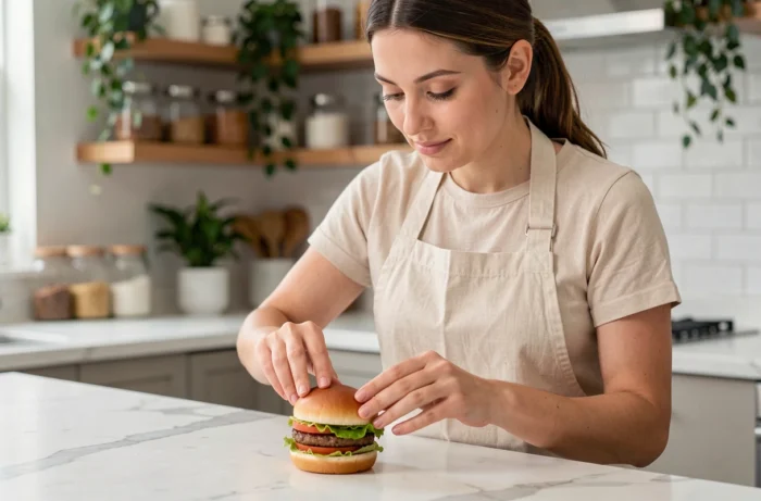 Femme préparant des mini hamburgers apéritif dans une cuisine moderne avec tablier en lin crème