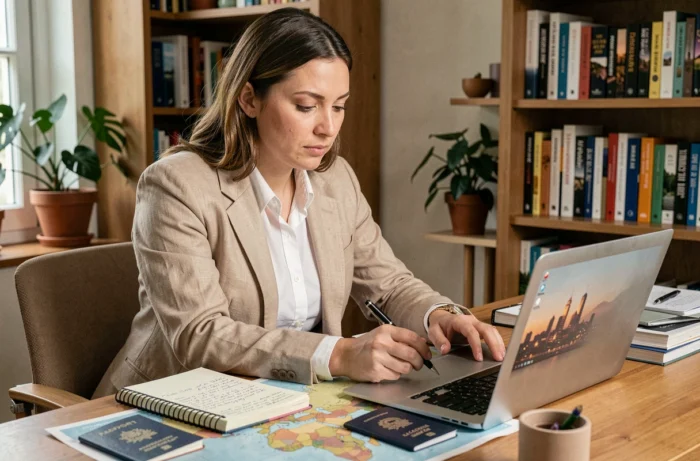 Femme préparant son projet de travail à l'étranger avec carte du monde, passeport et ordinateur portable sur un bureau en bois