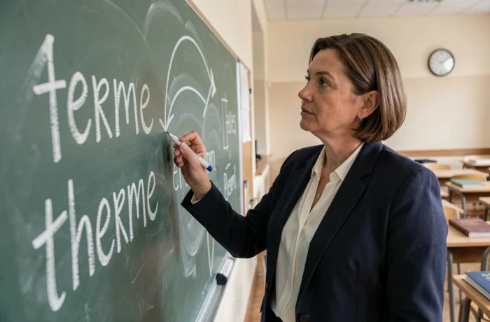 Professeure écrivant les mots terme et therme au tableau dans une salle de classe française