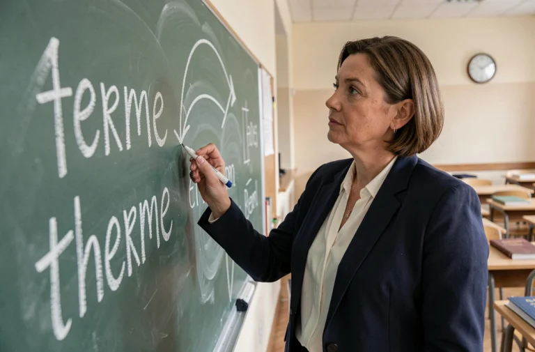 Professeure écrivant les mots terme et therme au tableau dans une salle de classe française