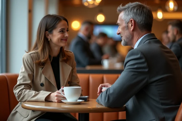 Deux professionnels B2B en reconversion échangeant lors d'un entretien informel dans un café d'affaires