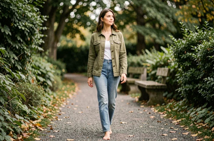 Jeune femme marchant seule dans un parc verdoyant en automne, illustrant l'importance des moments de pleine conscience pour prendre soin de soi au quotidien